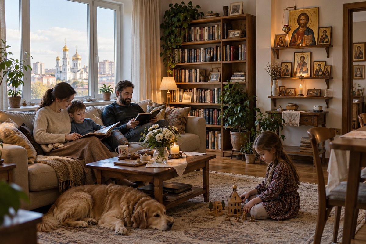 Просторная городская гостиная с диваном, книжным шкафом и аккуратной отдельной полкой с православными иконами, мягкий свет из большого окна, широкий интерьерный ракурс
