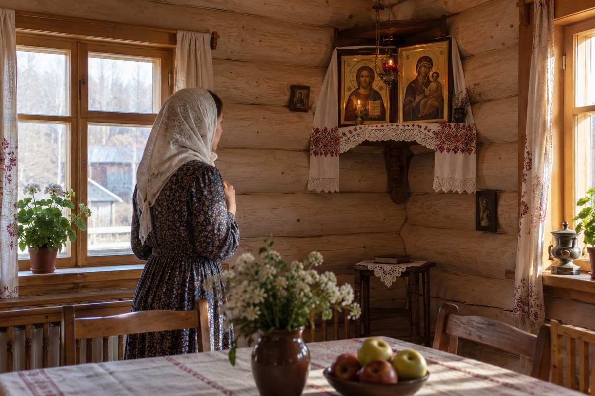 Традиционный красный угол в светлой бревенчатой комнате
