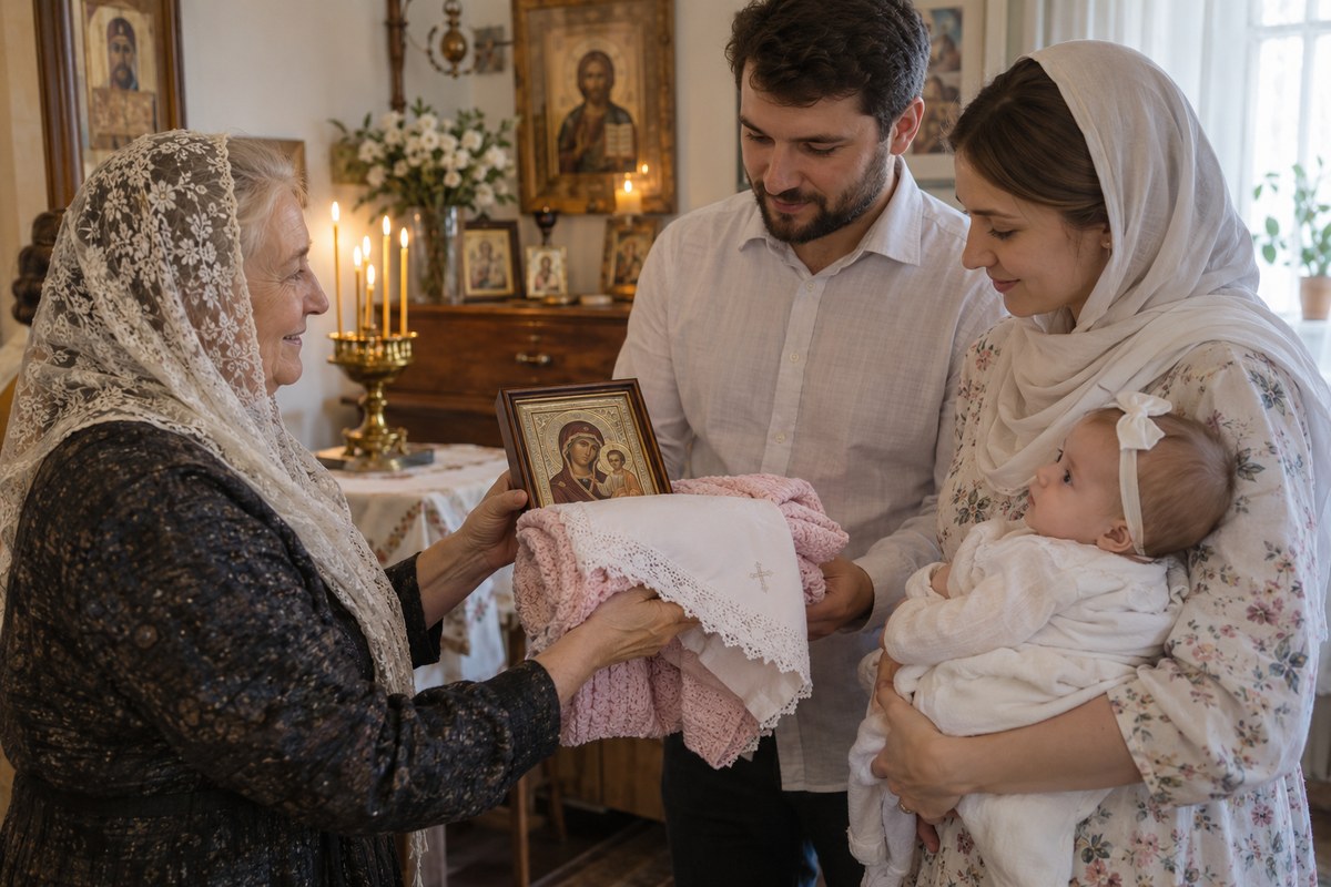 Бабушка передаёт родителям младенца девочки небольшую икону Богородицы в деревянной рамке, нежный розовый плед и белое крестильное полотенце