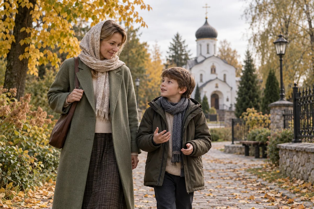 Крёстные родители с младенцем в храме у святой купели