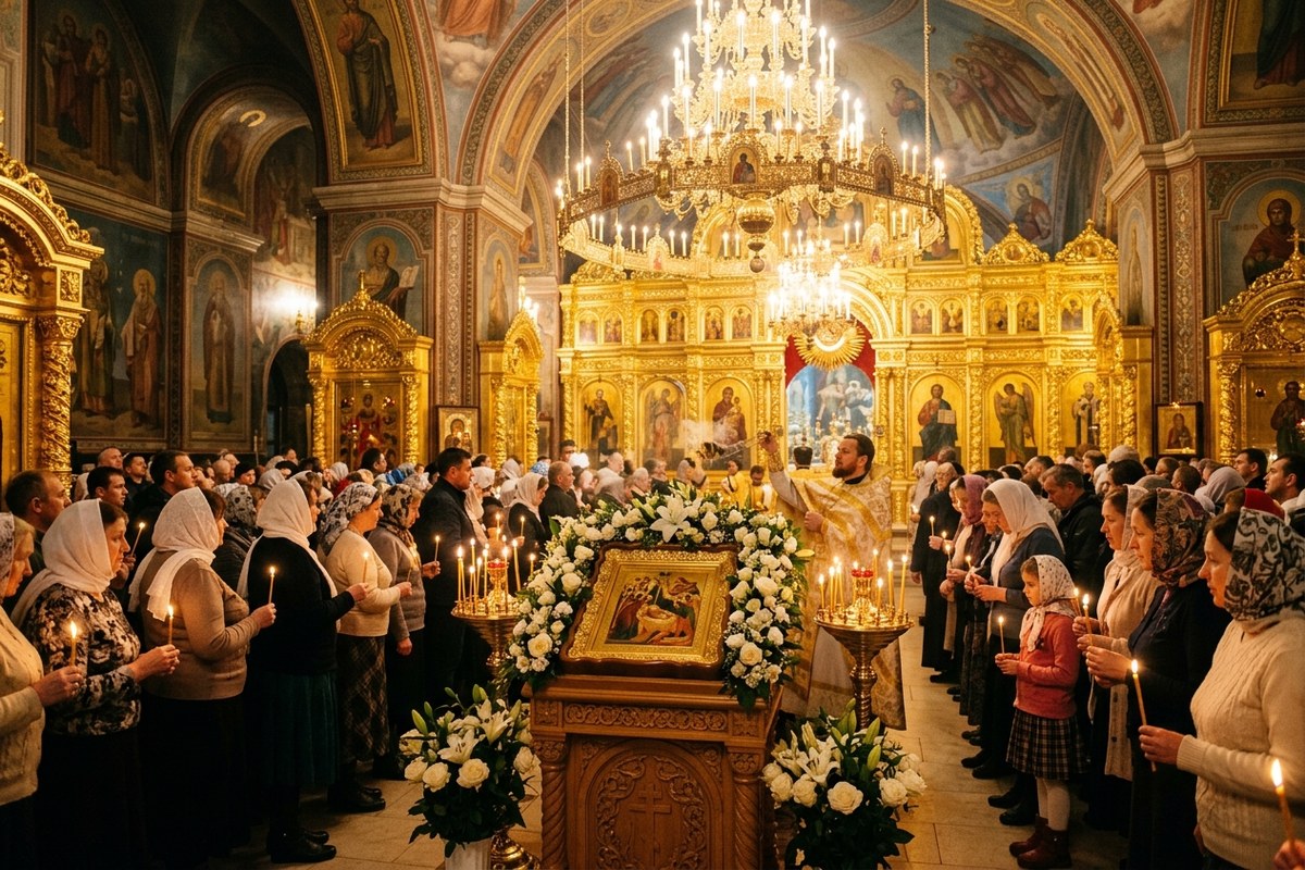 Праздничное богослужение в православном соборе: праздничная икона в цветах на аналое и молящиеся со свечами