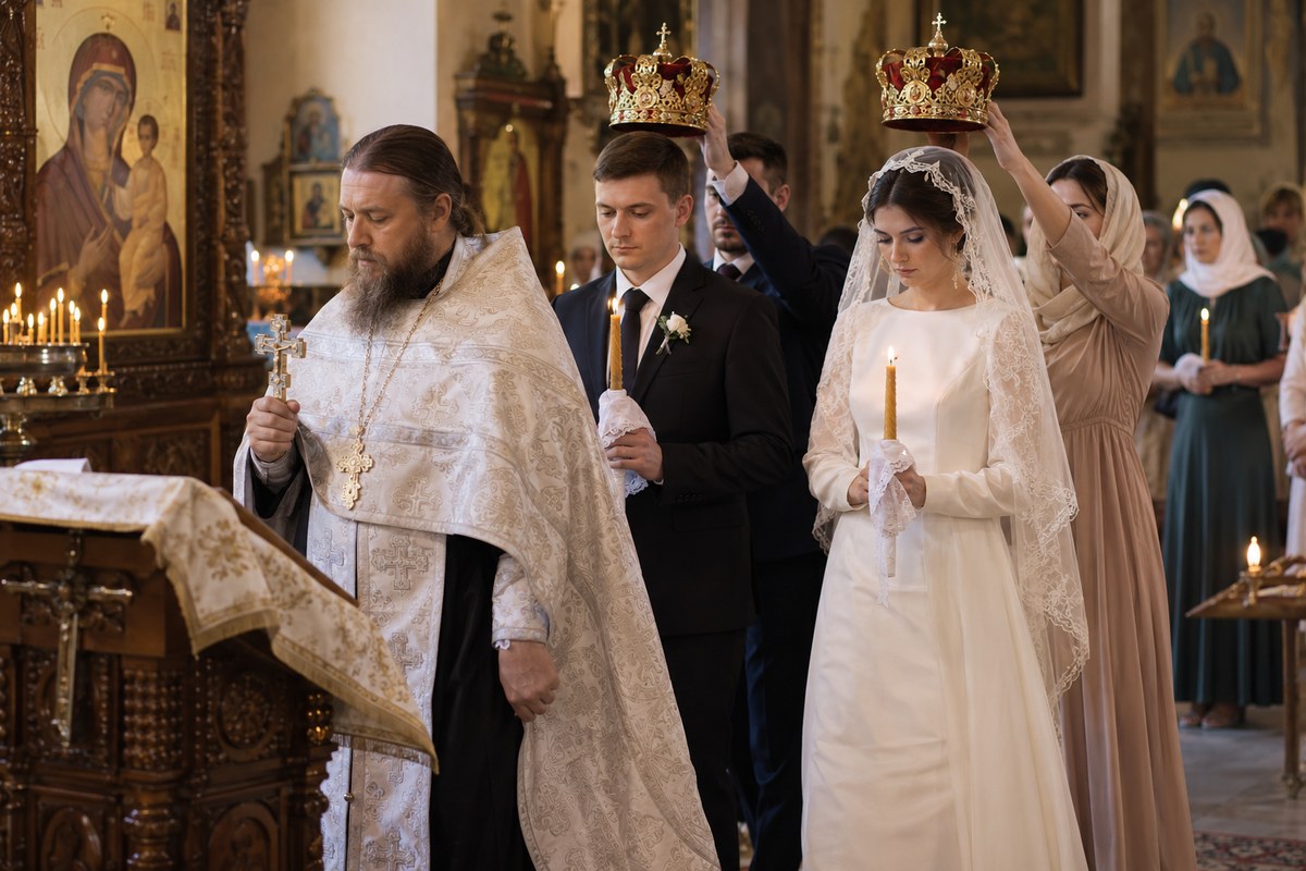 Молодожёны и священник во время венчания