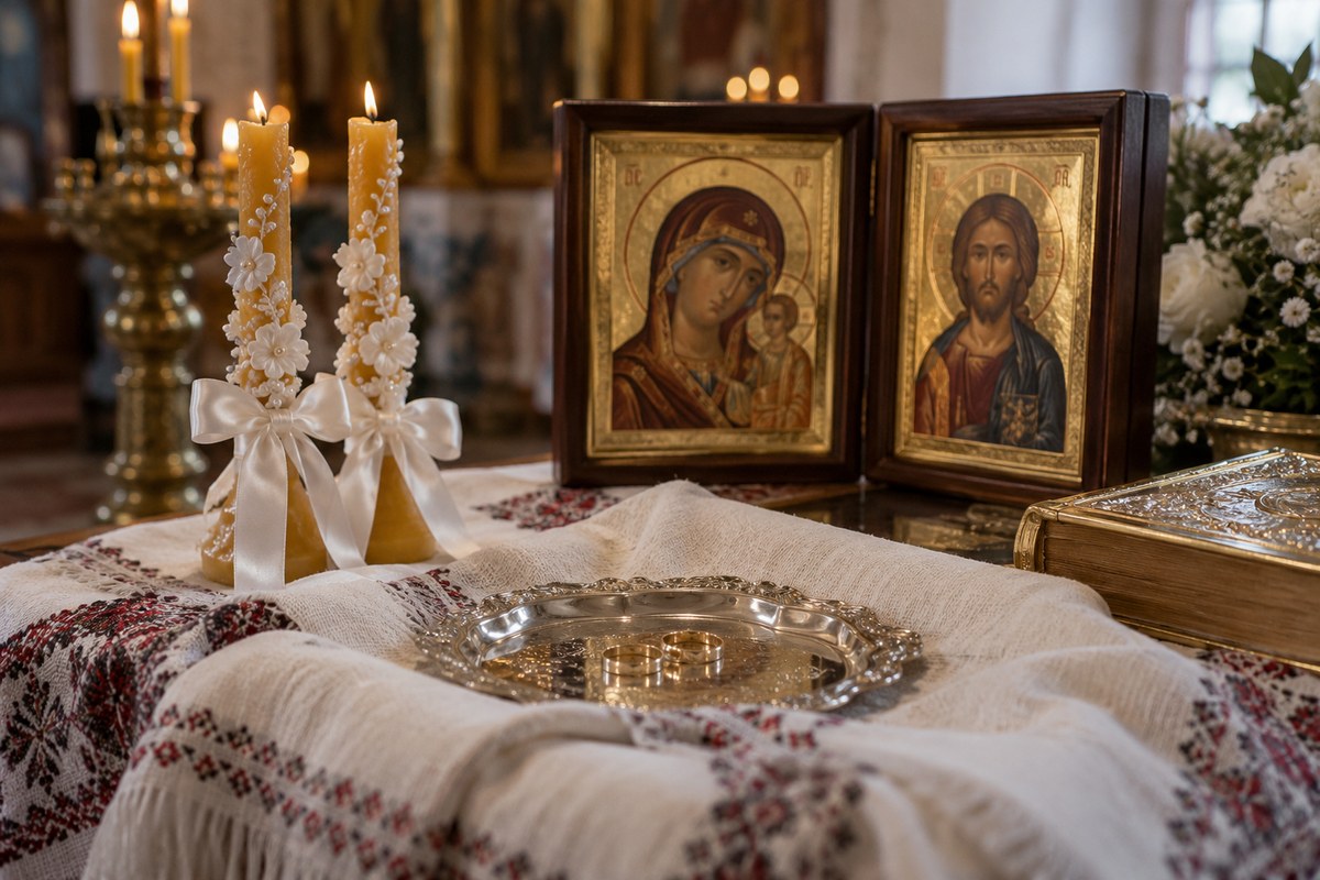 Венчальные свечи, кольца, рушник и пара икон