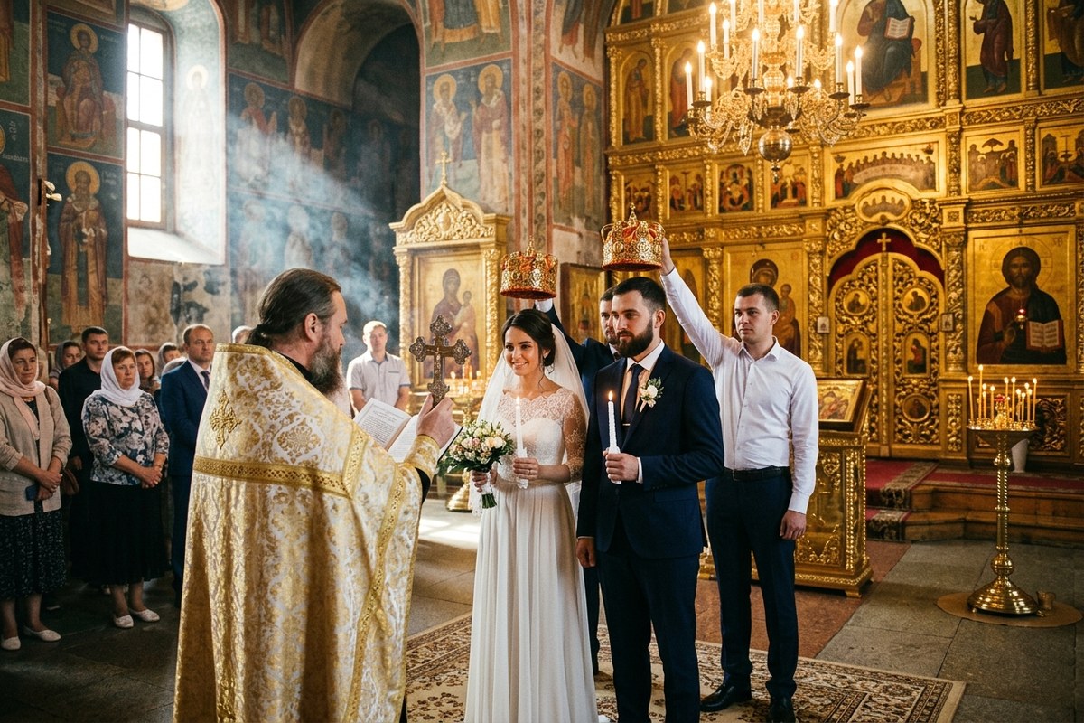 Таинство Венчания в православном соборе: жених и невеста в венцах перед алтарём со священником