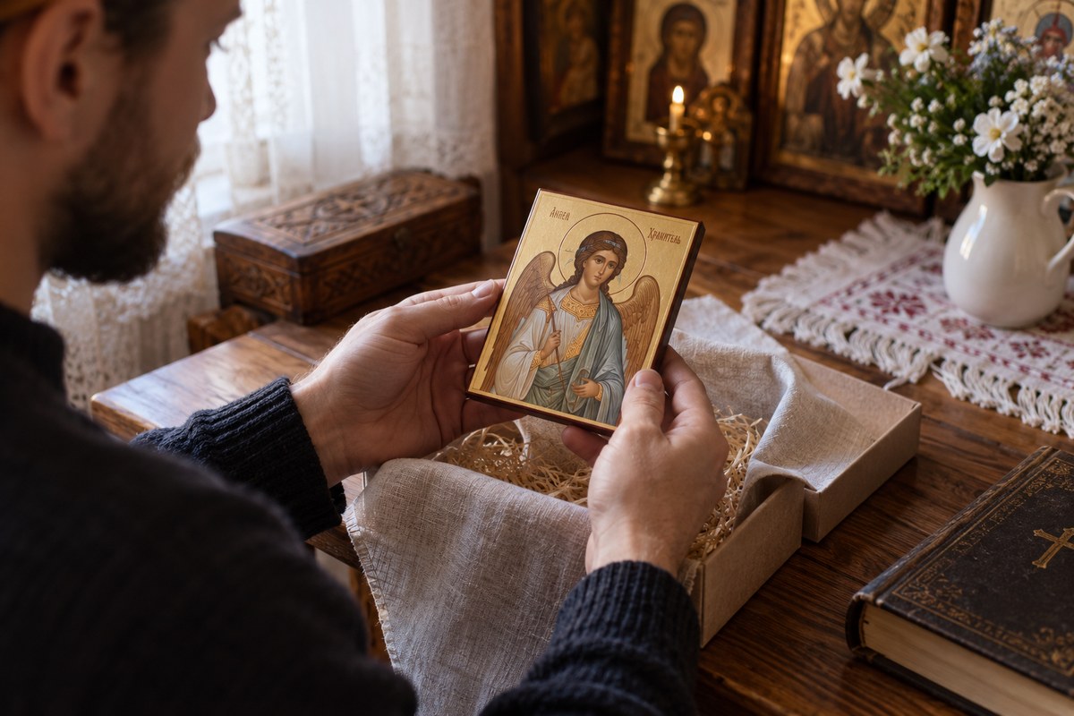Небольшая традиционная икона Ангела Хранителя в руках крёстного над открытой льняной подарочной упаковкой