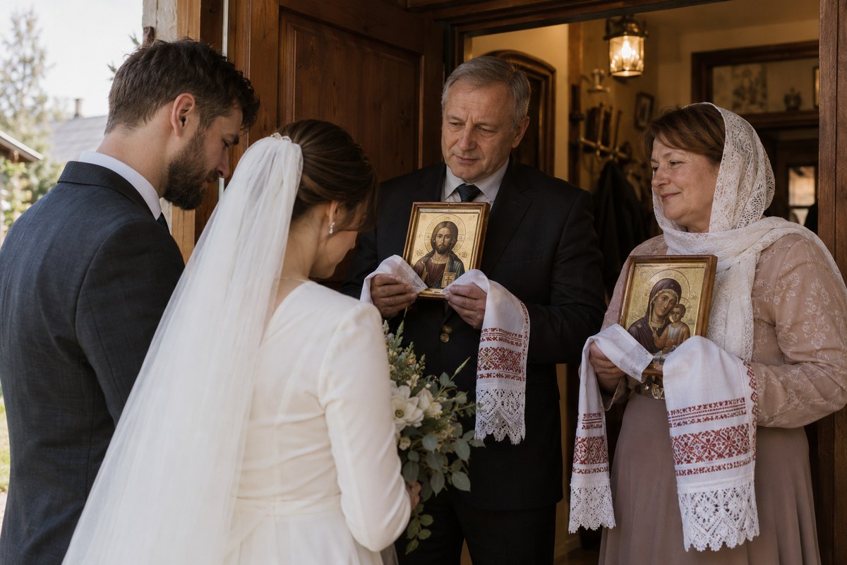 Родители благословляют взрослых молодожёнов иконой Спасителя и Богородицы у порога дома