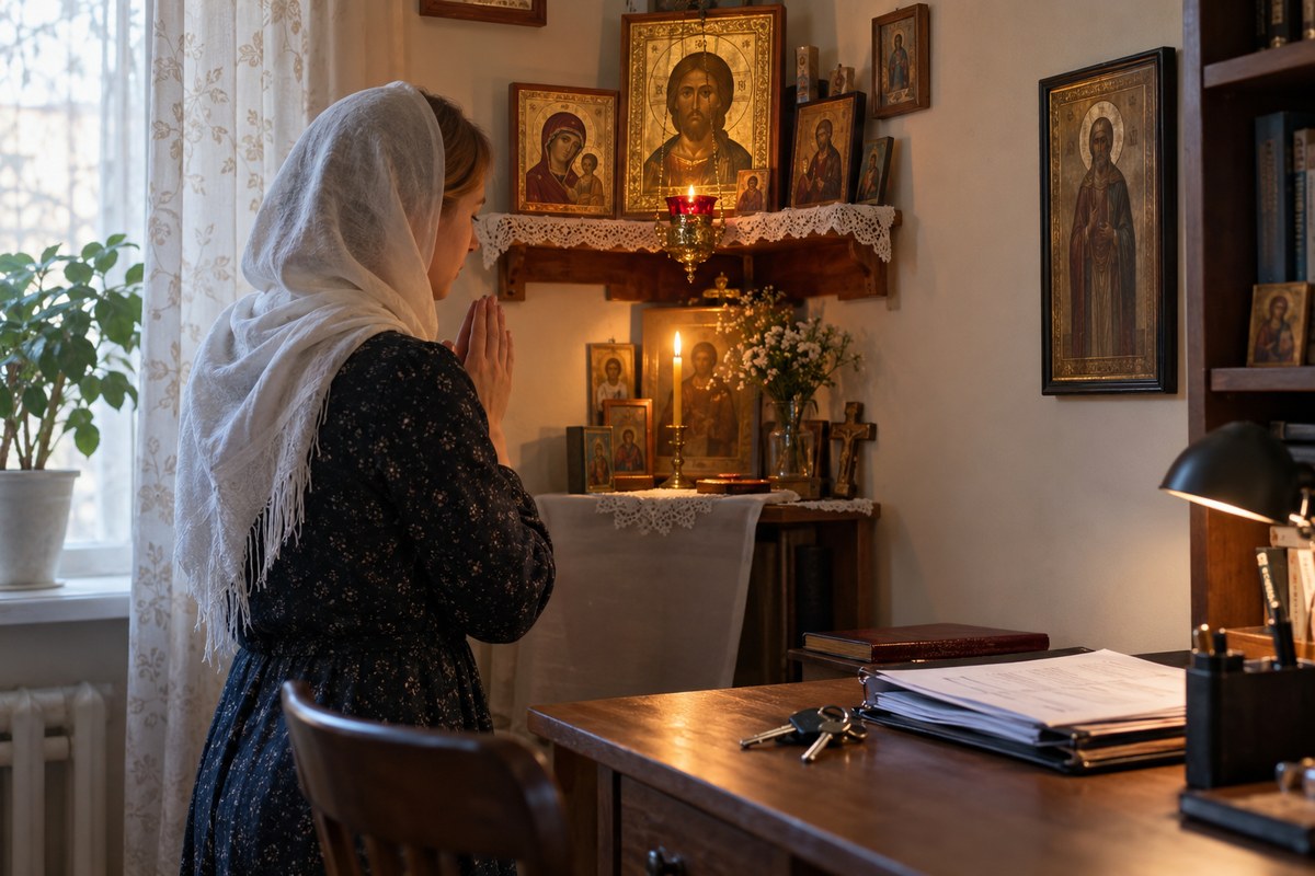 Человек спокойно молится в домашнем красном углу