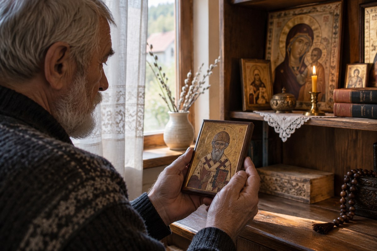 Небольшая икона Спиридона Тримифунтского в традиционной плетёной шапочке в руках пожилого мужчины