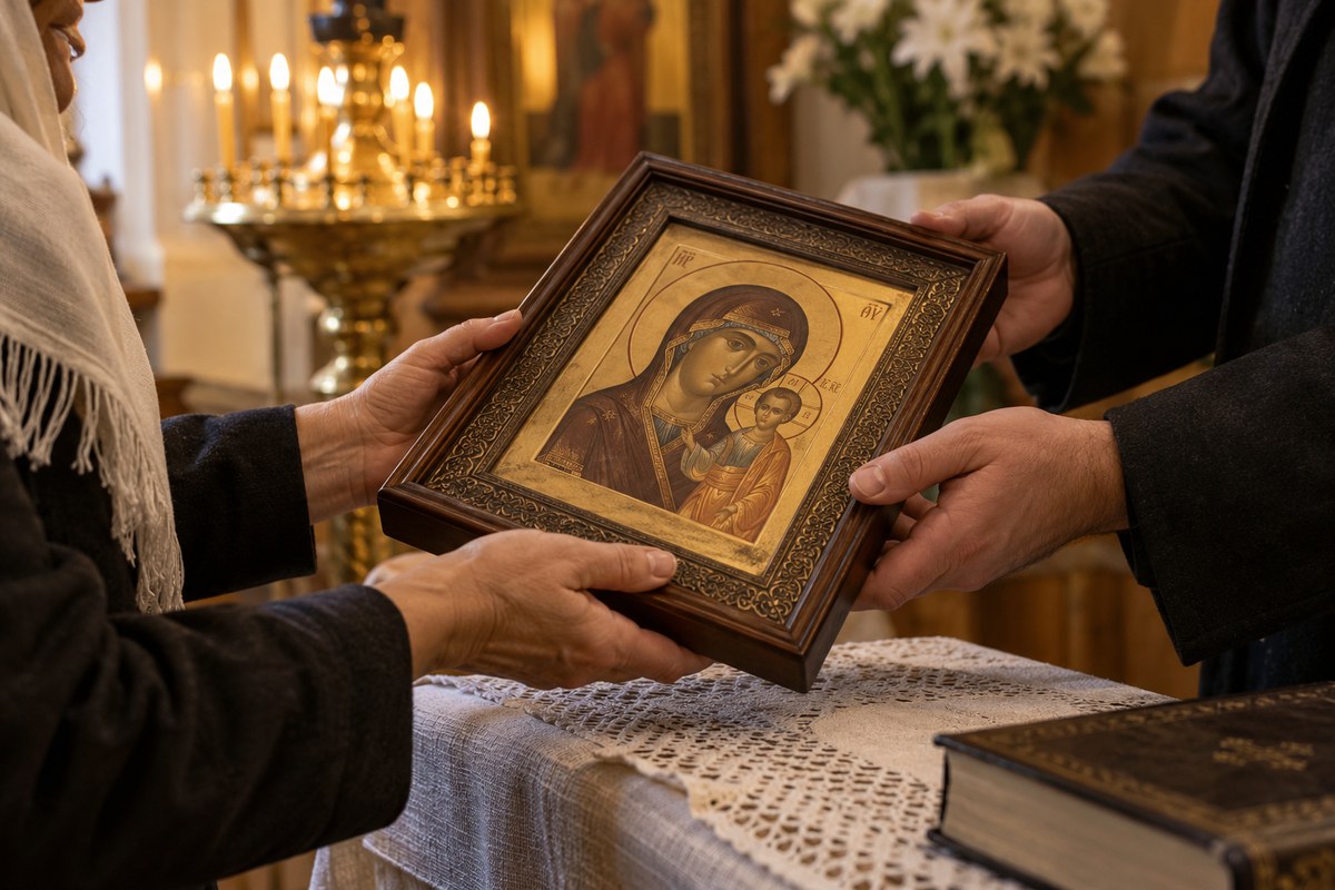 Крупный план бережной передачи иконы двумя взрослыми людьми над льняной тканью