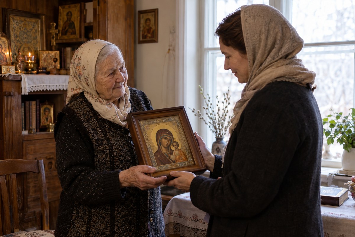 Пожилая женщина дарит семейную икону взрослому родственнику, показывая деревянную рамку у окна