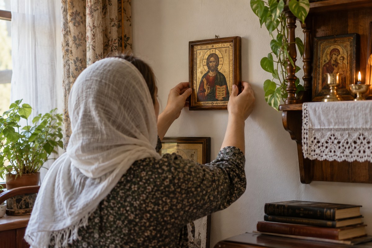 Руки мастера надёжно закрепляют небольшую икону на стене домашней комнаты
