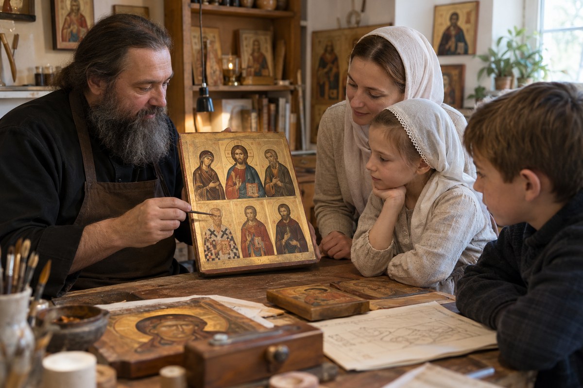 Мастер и семья обсуждают семейную икону с несколькими традиционными святыми на одной доске