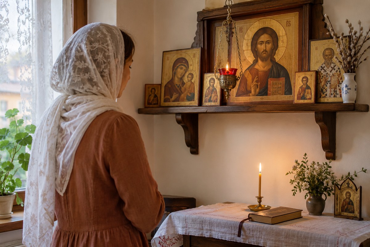 Сдержанный домашний красный угол: несколько икон на одной аккуратной деревянной полке и безопасно расположенная лампада, дневной свет