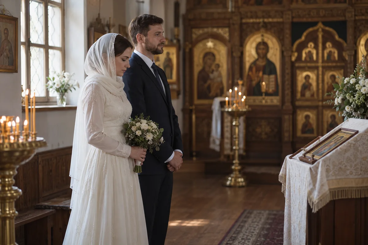 Пара в православном храме перед венчанием