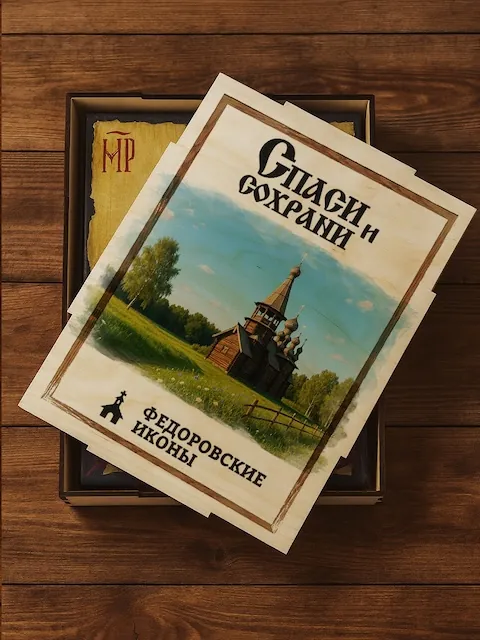 Классическая крышка короба с храмом и надписью «Спаси и сохрани»