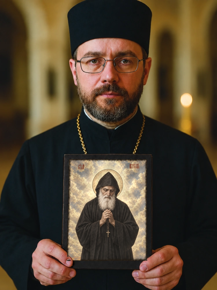 Святой Шарбель — храмовая живопись · потёртое золото — фото 4