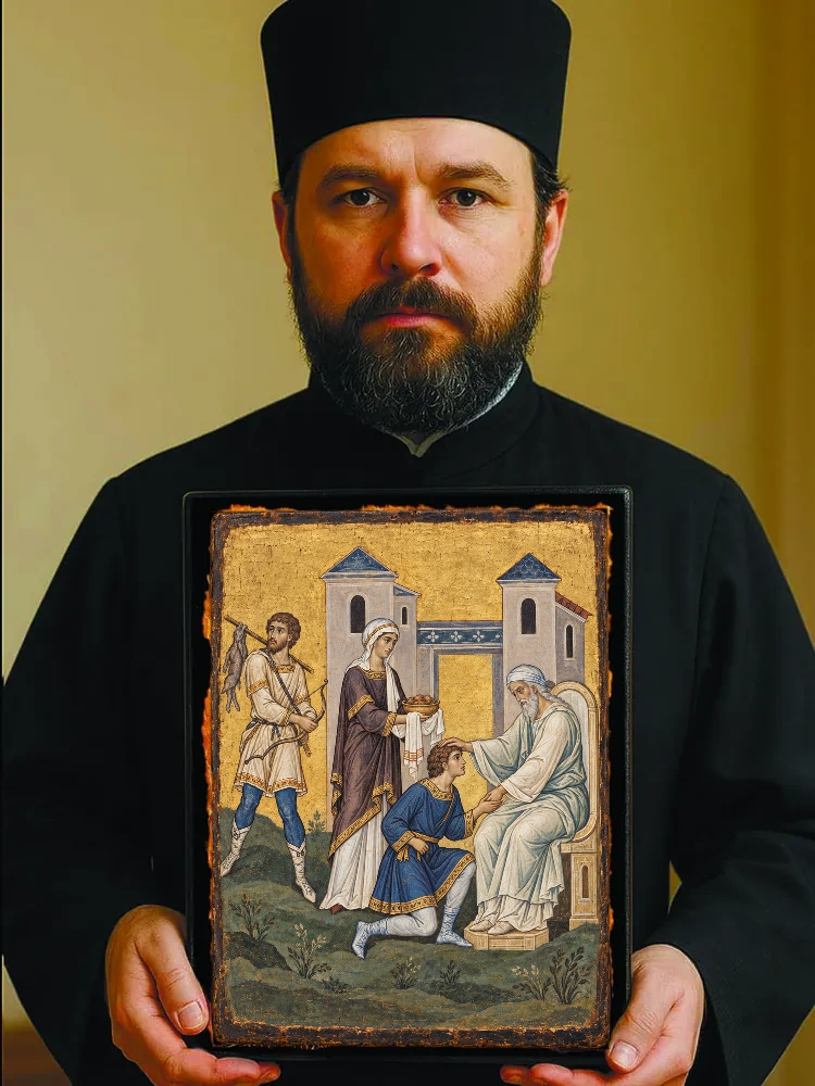 Исаак благословляет Иакова — Резной оборот с крестом «Спаси и сохрани»