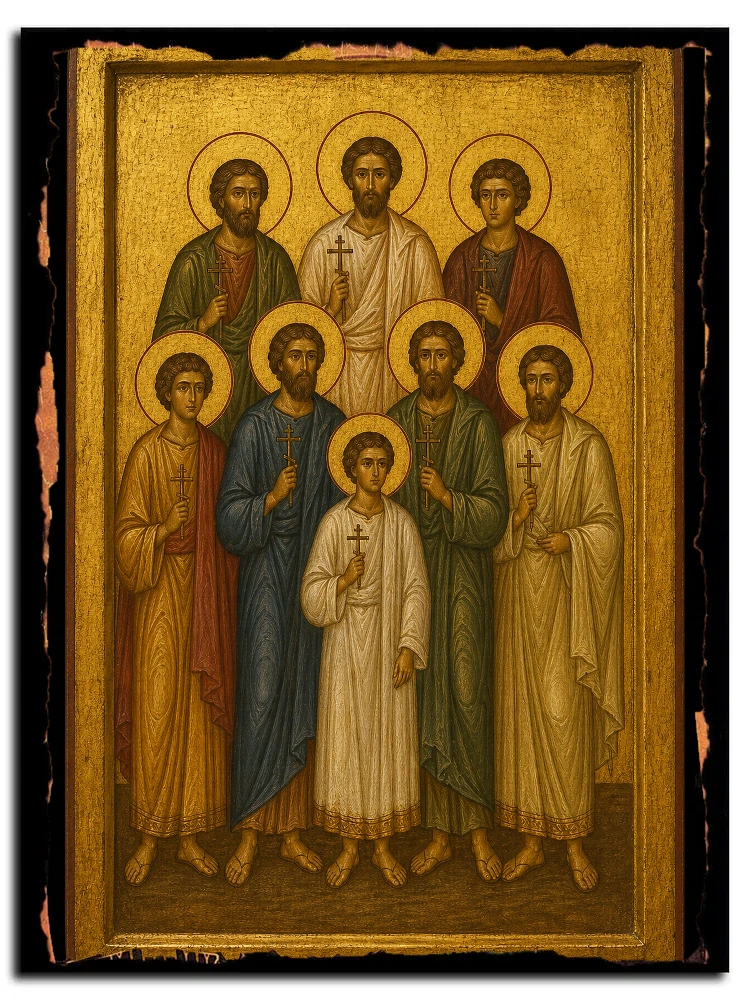 Мученики Аттик, Агапий, Евдоксий, Катерий, Истукарий, Пактовий, Никтополион Севастийские и дружина их — икона на дереве ручной работы