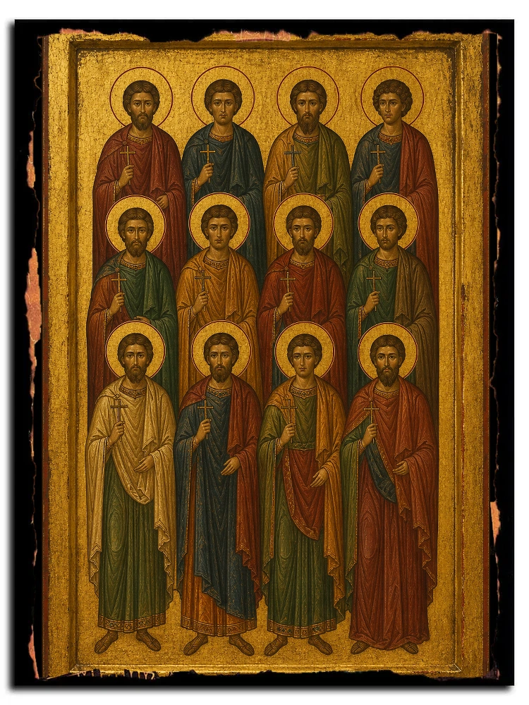 Мученики Иерон, Исихий, Никандр, Афанасий, Мамант, Варахий, Каллиник, Феаген, Никон, Лонгин, Феодор, Валерий — икона на дереве ручной работы