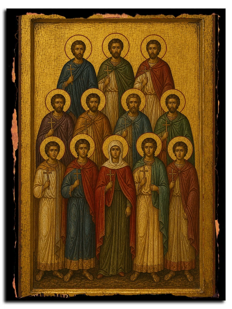 Мученики Иулиан, Маркиан, Иоанн, Иаков, Алексий, Димитрий, Фотий, Петр, Леонтий, Мария и другие — икона на дереве ручной работы