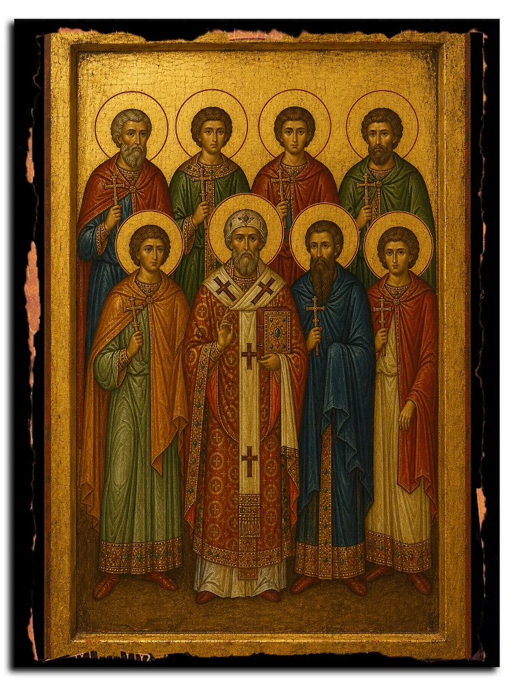 Мученики Мелетий, Стефан, Иоанн, Серапион, епископ, Каллиник, Феодор и Фавст — икона на дереве ручной работы