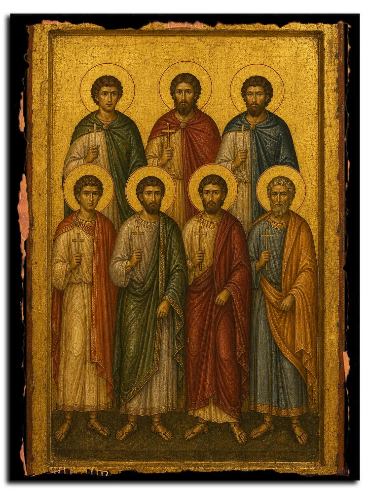 Мученики Орентий, Фарнакий, Ерос, Фирмос, Фирмин, Кириак и Лонгин — икона на дереве ручной работы