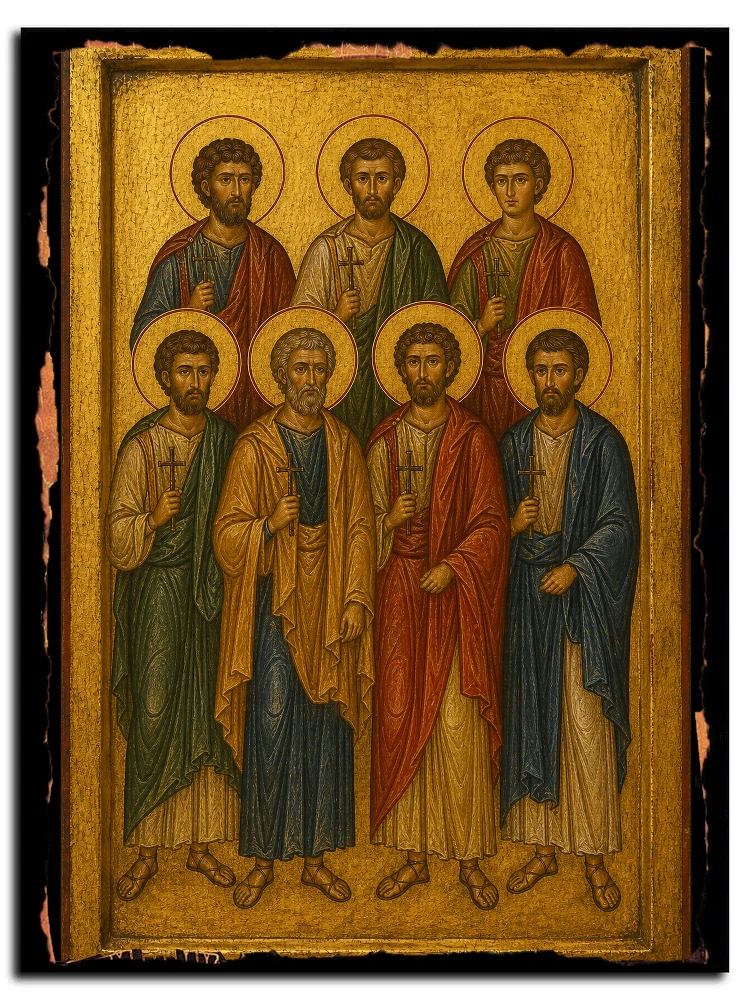 Мученики Перегрин, Лукиан, Помпей, Исихий, Папий, Саторнин и Герман — икона на дереве ручной работы