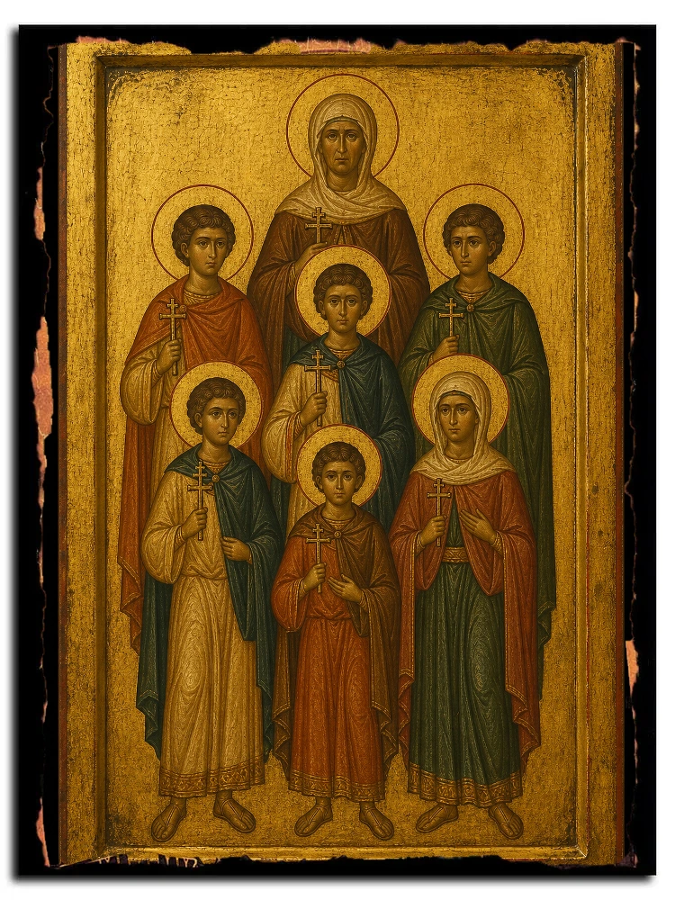 Мученики Спевсипп, Елевсипп, Мелевсипп, бабушка их Леонилла, и с ними Неон, Турвон и Иовилла Лангонийские — икона на дереве ручной работы