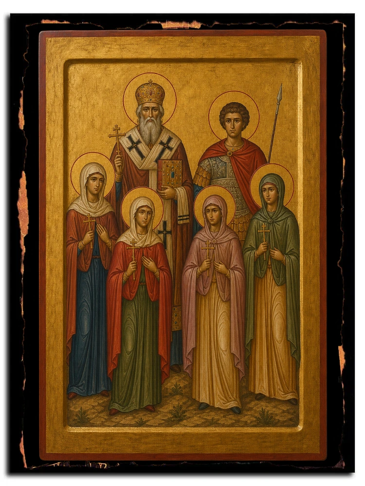 Александр, епископ, мученик Ираклий воин и мученицы Анна, Елисавета, Феодотия и Гликерия, священномученик — икона на дереве ручной работы