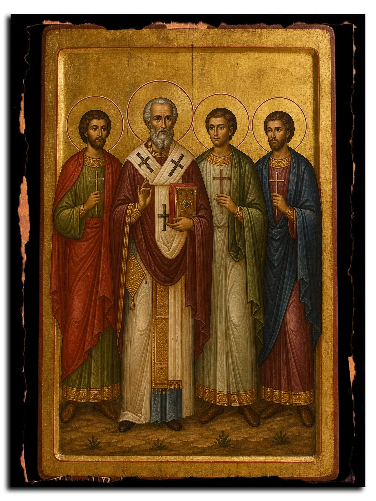 Маркеллин, папа Римский и мученики Клавдий, Кирин и Антонин, священномученик — икона на дереве ручной работы