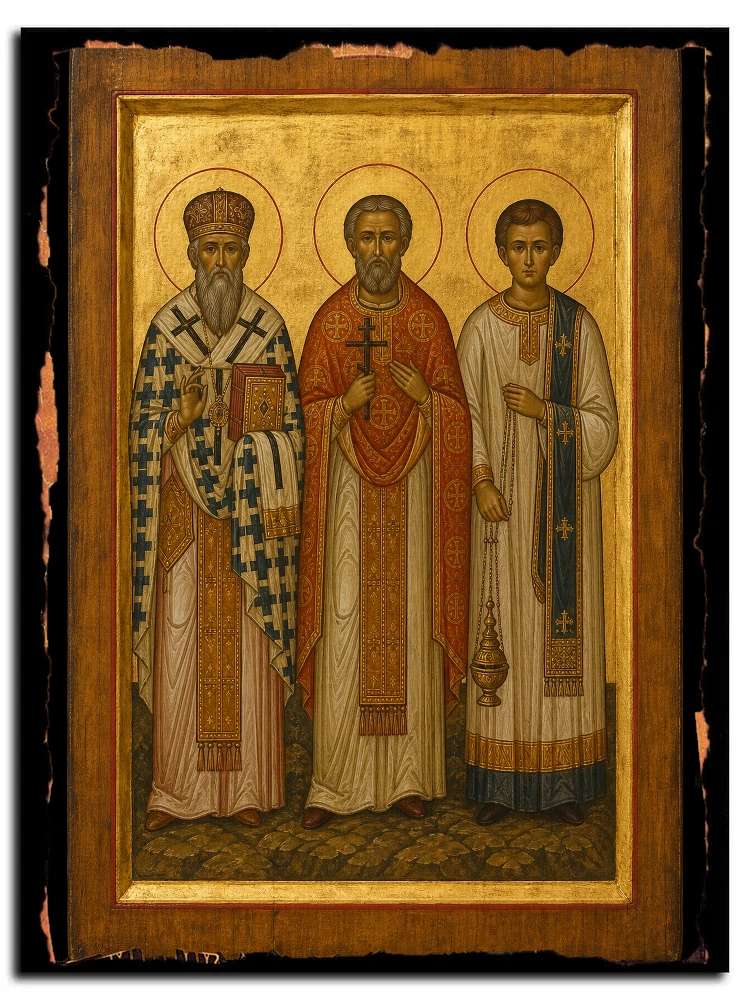 Священномученики Акепсим, епископ, Иосиф, пресвитер и Аифал, диакон — икона на дереве ручной работы