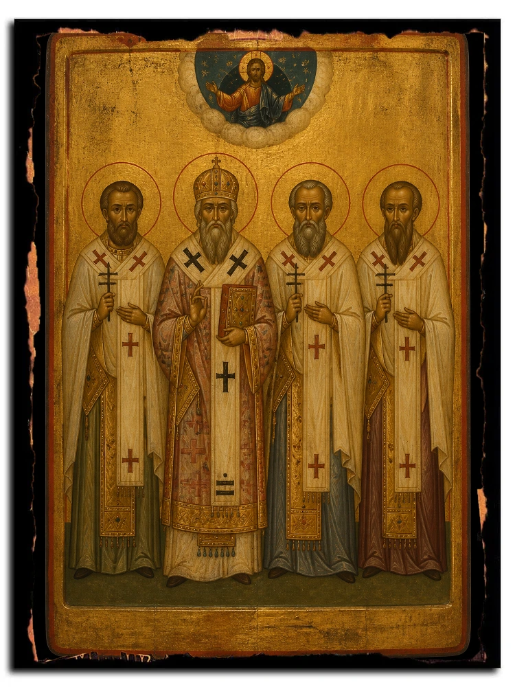 Священномученики Патрикий, епископ Прусский, и с ним три пресвитера: Акакий, Менандр и Полиен — икона на дереве ручной работы