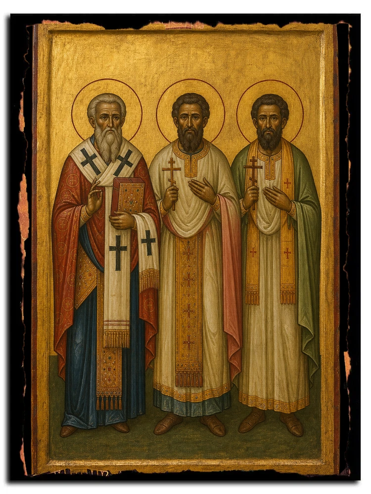 Священномученики Симеон, епископ Персидский, Авделай, пресвитер и Анания, пресвитер, мученики Хусдазат, Фусик — икона на дереве ручной работы