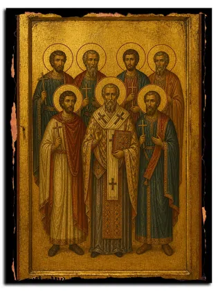 Мученики Алфий, Филадельф, Киприан, Онисим, пресвитер, Еразм и иные — икона на дереве