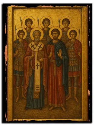 Мученики Анания, пресвитер, Петр, темничный страж, и с ними семь воинов — икона на дереве