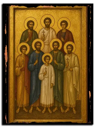 Мученики Аттик, Агапий, Евдоксий, Катерий, Истукарий, Пактовий, Никтополион Севастийские и дружина их — икона на дереве