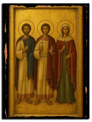 Мученики Авкт, Таврион и Фессалоникия Амфипольские (Македонские) — икона на дереве