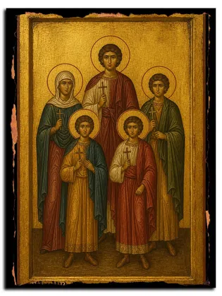 Мученики Феодор, матерь его Филиппия, Диоскор, Сократ и Дионисий — икона на дереве