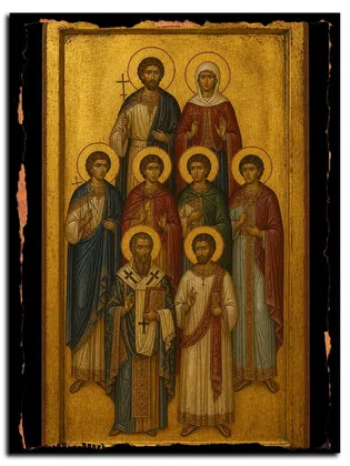 Мученики Хрисанф и Дария и с ними мученики Клавдий, Илария, Иасон и Мавр, Диодор, пресвитер и Мариан, диакон — икона на дереве