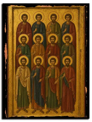 Мученики Иерон, Исихий, Никандр, Афанасий, Мамант, Варахий, Каллиник, Феаген, Никон, Лонгин, Феодор, Валерий — икона на дереве