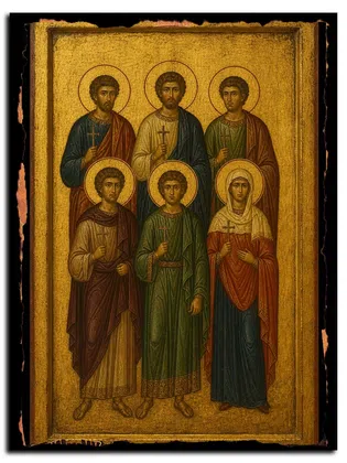 Мученики Лукиллиан, Клавдий, Ипатий, Павел, Дионисий и Павла — икона на дереве