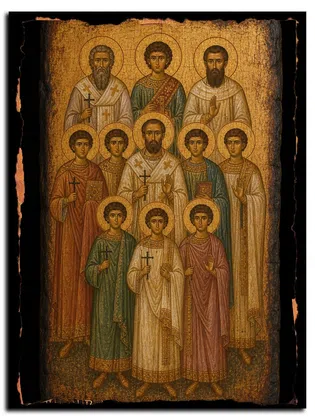 Мученики Памфил, пресвитер, Валент, диакон, Павел, Порфирий, Селевкий, Феодул, Иулиан, Самуил, Илия, Даниил — икона на дереве