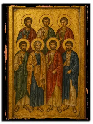 Мученики Перегрин, Лукиан, Помпей, Исихий, Папий, Саторнин и Герман — икона на дереве