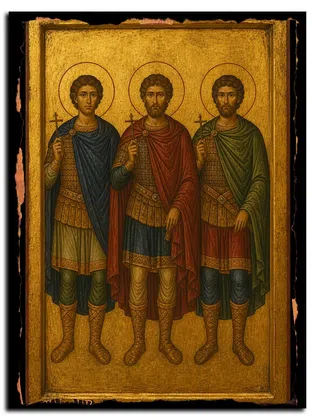 Мученики Солохон, Памфамир и Памфалон, воины — икона на дереве