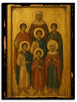 Мученики Спевсипп, Елевсипп, Мелевсипп, бабушка их Леонилла, и с ними Неон, Турвон и Иовилла Лангонийские — икона на дереве