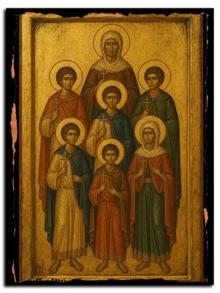Мученики Спевсипп, Елевсипп, Мелевсипп, бабушка их Леонилла, и с ними Неон, Турвон и Иовилла Лангонийские — икона на натуральном дереве