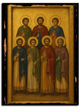 Мученики Викторин, Виктор, Никифор, Клавдий, Диодор, Серафион и Папий — икона на натуральном дереве