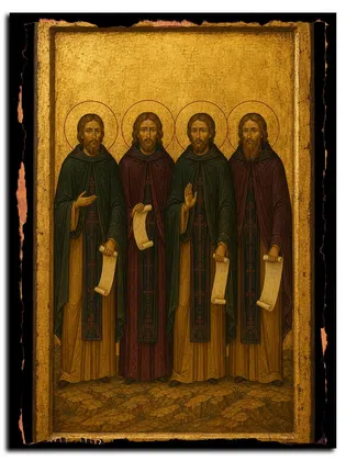 Преподобномученики Павел (Моисеев) и Феодосий (Соболев), архимандриты, Никодим (Щапков) и Серафим (Кулаков) — икона на дереве