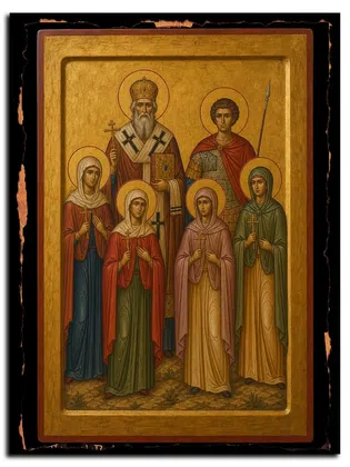 Александр, епископ, мученик Ираклий воин и мученицы Анна, Елисавета, Феодотия и Гликерия, священномученик — икона на дереве