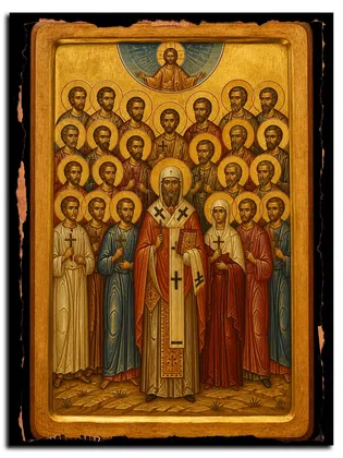 Ипполит, епископ Остинский, и с ним мученики Кенсорин, Савин, Хрисия и прочие 20 мучеников, священномученик — икона на дереве